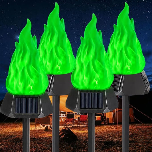 Toodour Solar Outdoor Torch Lights with Flickering Flame, 4 Pack Solar Pathway Decorative Lights, Waterproof LED Flame Torches for Outdoor Camping Garden Landscape Patio Path Yard Decorations - Green
