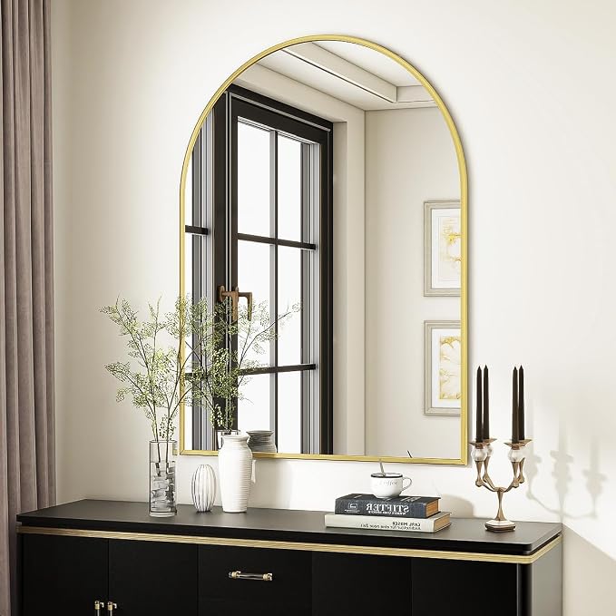 Arched Wall Mirror, 30 x 38 inch Arch Bathroom Mirror Gold | Wall Mounted Bathroom Vanity Mirror with Arch Metal Frame, Modern Room Decor for Bedroom, Entryway, Hanging or Leaning