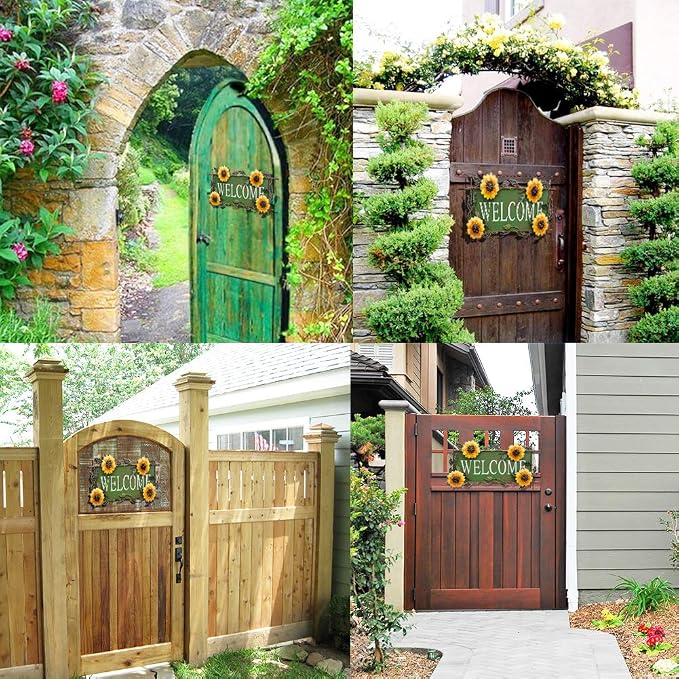 Morning View Metal Sunflower Welcome Sign Hanging Flower Wall Decor Door Sign Decorative Wall Plaque Outdoor Garden Porch Yard Home Decor 16.5X8 Inch