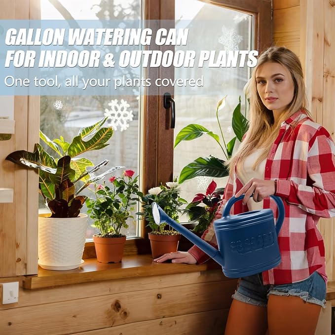 Watering Can for Indoor & Outdoor Plants, Plant Watering Can with Stainless Steel Shower Head, 1 Gallon Plastic Watering Can for Garden, Flowers, Vegetable, Greenhouse (Dark Blue, 1 Gallon)