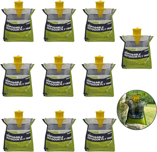 10 Pack Fly Traps Outdoor Hanging Disposable Fly Bags Trap, Effective Pre-Baited Flies Catcher, Flies Killer Bug Control for Patio, Yard, Chicken Coops, Horse Stables, Barns