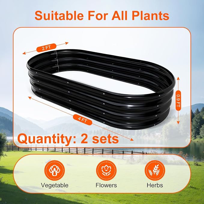 Rakukiri Raised Garden Bed Outdoor, GRS Certified Recycled Metal Planter Box 2 Sets, 4FT Galvanized Oval Herb Garden Kit, Bottomless Large Garden Beds for Vegetables Flowers, Rust-Resistant Black