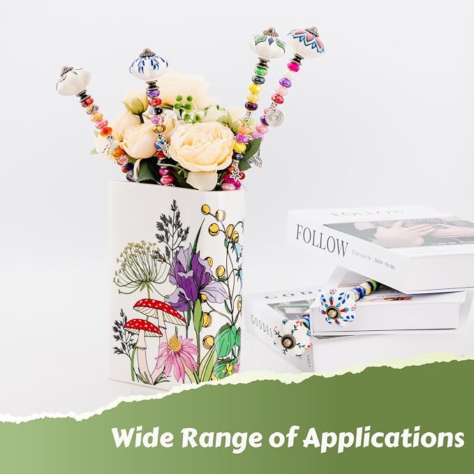 Decorative Garden Stakes DIY Fairy Wand Beaded Garden Plant Stakes Kit with Ceramic Stopper Tops Silver Pendant Threaded Rod,100 Colorful Beads for Indoor Outdoor Plant Flower Pot Décor