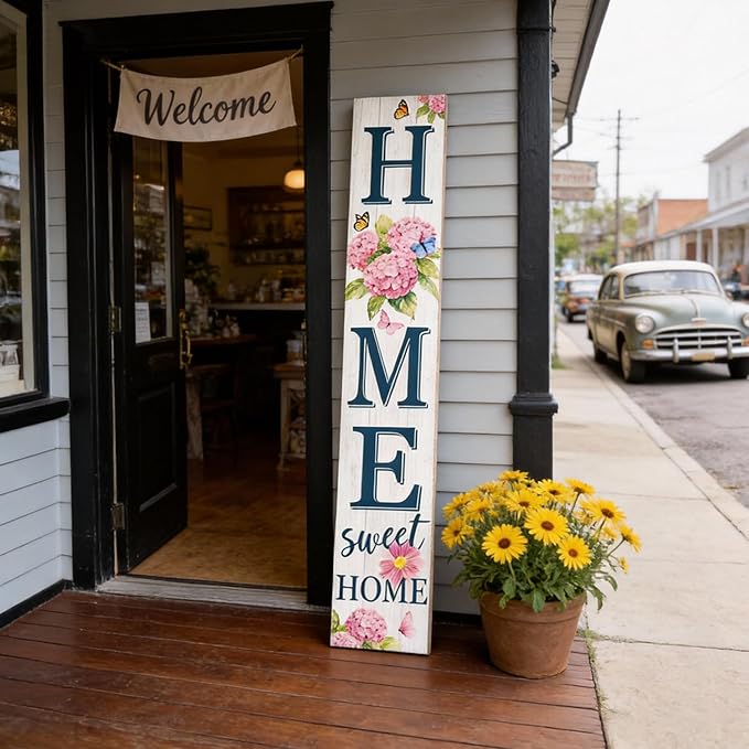 Home Sweet Home Welcome Sign for Front Porch, 47" Wood Framed Porch Sign Spring Hydrangea Flower Decorations with Hanging Rope, Farmhouse Yard Signs Home Decor for Outdoor Patio Gift for Family and Friends