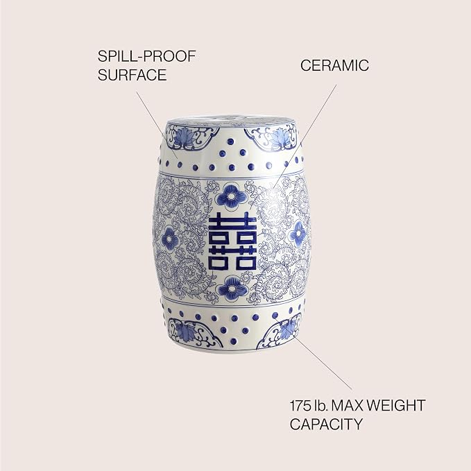 JONATHAN Y Double Happiness 18" Ceramic Garden Stool, Traditional Chinoiserie Blue and White Indoor/Outdoor Patio Drum Accent Side Table and Plant Stand TBL1013A