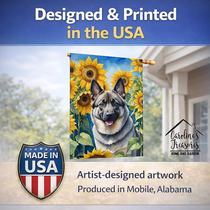 Caroline's Treasures DAC6126CHF Norwegian Elkhound in Sunflowers House Flag Large Porch Sleeve Pole Decorative Outside Yard Banner Artwork Wall Hanging, Polyester, House Size, Multicolor