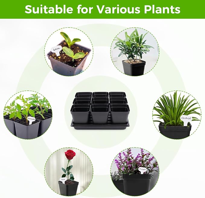 Seed Starter Tray Kit 3.5" 50 Pcs Square Nursery Pots Trays 9 Cell Seed Starting Pots with Drainage Holes 5 Pcs Seed Starting Trays 20 Plant Labels Planting Tool and 1 Pen Planter Nursery Propagation
