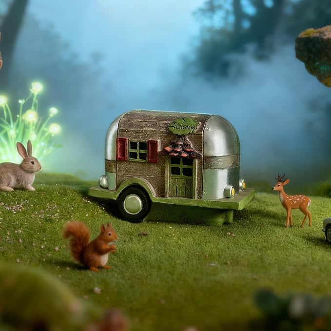 DONABELA Fairy Garden House Vintage Car with Wood Door & Window Resin Outdoor Indoor Decor Figurine for Patio Yard Lawn Unique Gift