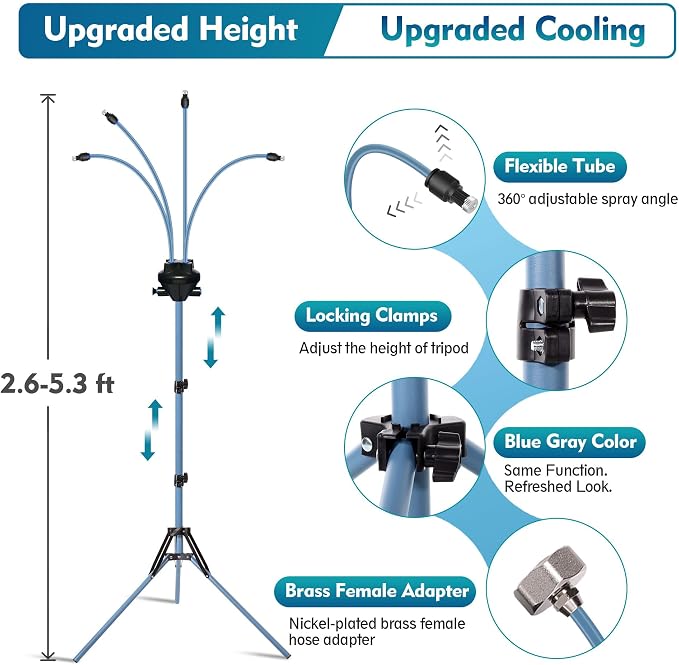 Standing Misters for Outside Patio, Adjustable Height 5.3 FT Stand Misting System for Cooling Outdoor, Portable Water Mister for Mist Playing, Patio Cooling, Backyard, Porch, Sprinkler