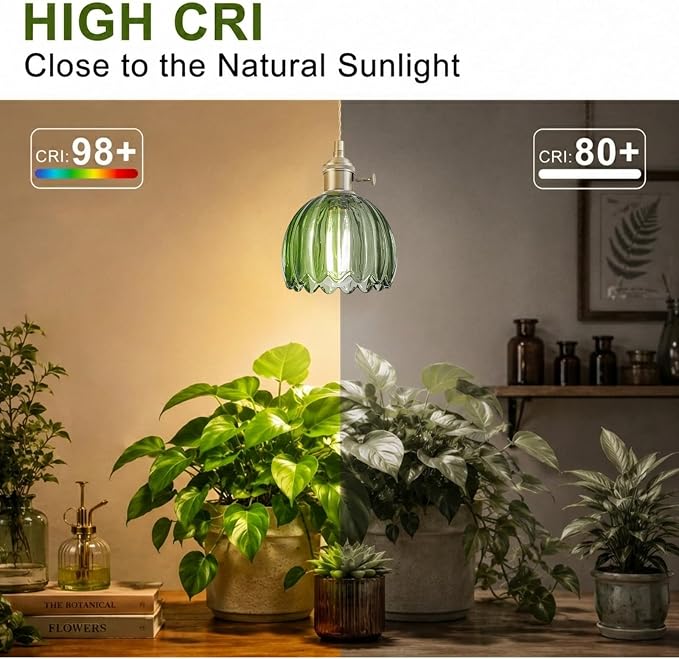 Hanging Grow Lights for Indoor Plants, 12W Full Spectrum 98+ CRI Grow Lamp, Dual CCT 3000K/4000K, Dual Switches, Pulley Height Adjustable, 13.12FT Cord, Petal Glass Plant Light for Indoor Flowers