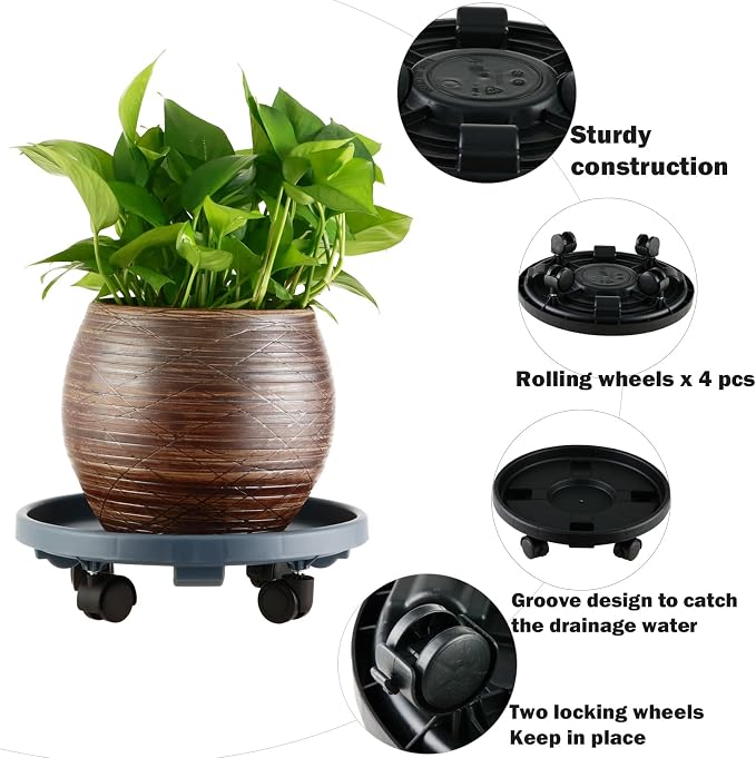 5 Pakcs Large Plant Caddy with Wheels 15.8" Rolling Plant Stands Heavy-duty Plastic Plant Roller Base Pot Movers Plant Saucer on Wheels Indoor Outdoor Plant Dolly with Caster Tray Coaster Black