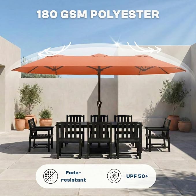 15FT Large Patio Umbrella with Base Included, Double Sided Outdoor Market Umbrella with Flexible Fiberglass Ribs, UV-Blocking Extra Large Umbrella for Garden, Pool, Deck, Terracotta