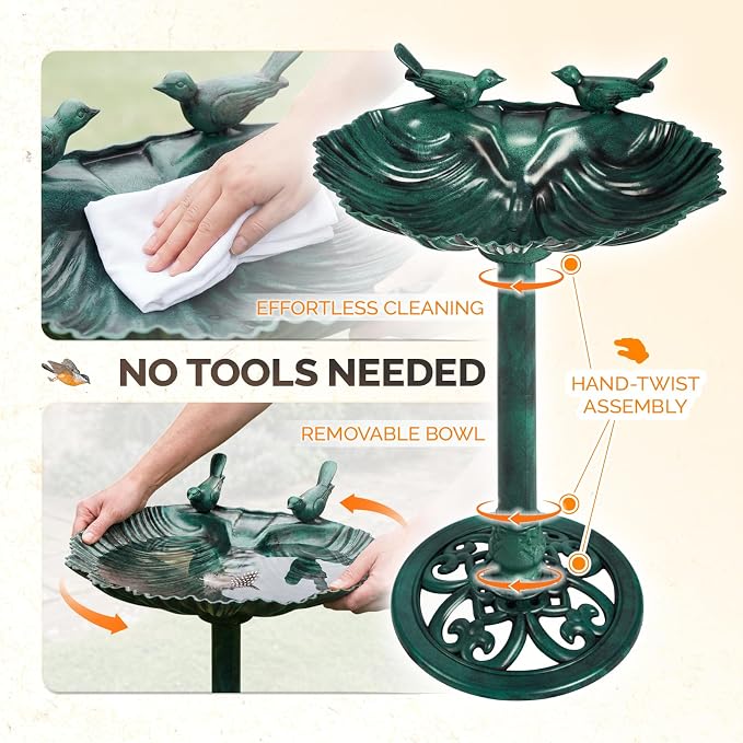 VINGLI Pedestal Bird Bath with Solar Fountain, Solar Pump Resin Birdbaths, Weather Resistant Bird Baths with Ground Stakes, Vintage Finish Garden Decor for Outdoor, Patio, Yard, Lawn(Green Shell)