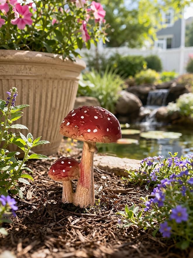 6 PCS Mushroom Decor Fairy Garden Accessories Outdoor - Assorted Sizes Resin Garden Mushrooms, Colorful Mushroom Figurines Yard Art Ornaments for Lawn, Patio, Plant Pot Decor