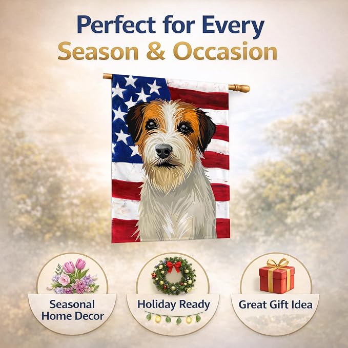 Caroline's Treasures CK6678CHF Russell Terrier Dog American Flag House Flag Large Porch Sleeve Pole Decorative Outside Yard Banner Artwork Wall Hanging, Polyester, House Size, Multicolor