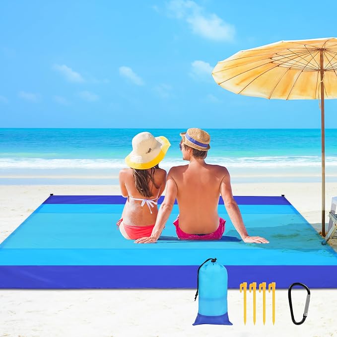 Ainiv Beach Blanket Beach Mat, Sandproof Waterproof Beach Mat, Extra Large 82 * 79 in (5-7 People) Picnic Blanket with 1 Storage Bag, 1 Carabiner & 4 Fixed Nails for Beach, Camping, Hiking, Picnic