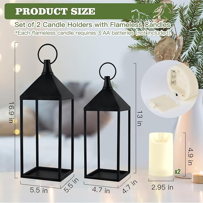 17" 13" Modern Farmhouse Candle Lantern Decor Set of 2 Black Metal Candle Lanterns with Flameless Candles, Lanterns Decorative Indoor for Fireplace Mantle Table Outdoor Lanterns for Patio Porch Garden