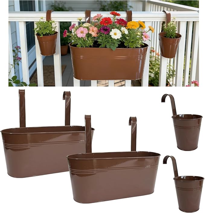 Set of 4 Outdoor Metal Railing Planters Box - 2 Pcs 5.12" Round Balcony Hanging Planter & 2 Pcs 17" Oval Fence Pot with Detachable Hooks Drainage, Chocolate