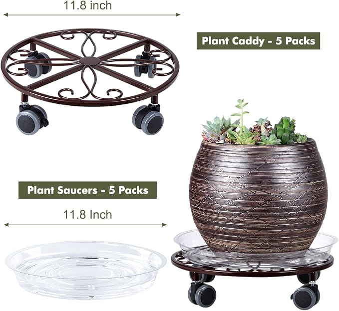 5 Pack Plant Caddy with Wheels Heavy Duty 11.8 Inches Metal Plant Stand with Wheels Plant Dolly Rolling Plant Stand Plant Roller with Casters for Indoor and Outdoor (5, Bronze)