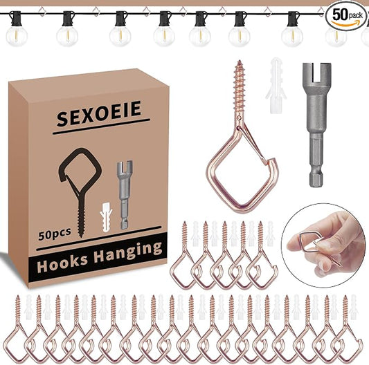 50 PCS Rose Gold Eye Screw Hooks for Hanging Heavy Duty with Safety Buckle.Metal Ceiling Hooks for Hanging Plants Cup Wind Chime Bird Feeders Patio Lights At Indoor&Outdoor