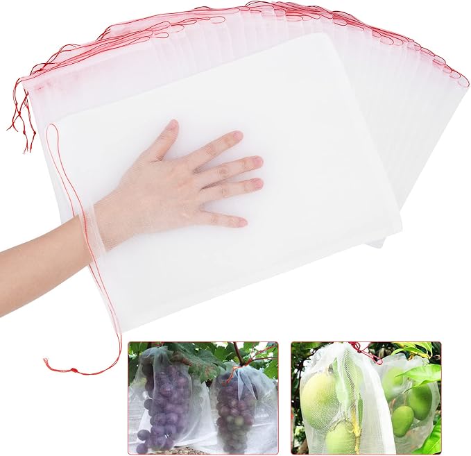 Kikhope Fruit Protection Bags, 50 Pcs 14"x10" Garden Netting Bags White | Fruit Netting Bags, Fruit Protection Netting Bags, Insect Bird Netting, Pest Barrier Bags, Garden Net with Drawstring