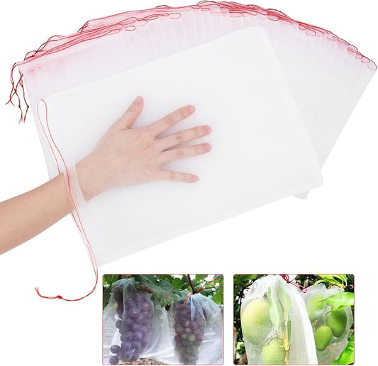 Kikhope Fruit Protection Bags, 50 Pcs 14"x10" Garden Netting Bags White | Fruit Netting Bags, Fruit Protection Netting Bags, Insect Bird Netting, Pest Barrier Bags, Garden Net with Drawstring