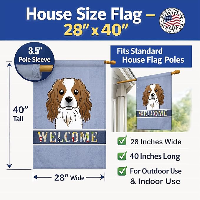 Caroline's Treasures BB1410CHF Cavalier Spaniel Welcome House Flag, Blue Large Porch Sleeve Pole Decorative Outside Yard Banner Artwork Wall Hanging, Polyester, House Size, Multicolor