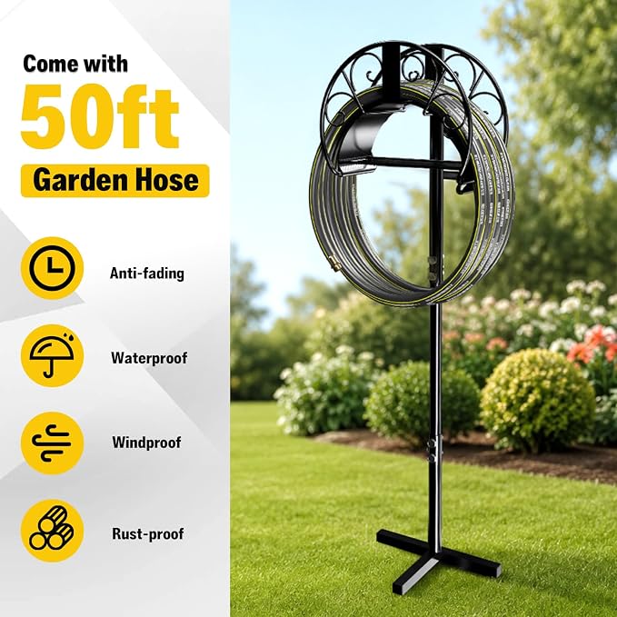 Garden Hose Holder with 50ft Kink Free Water Hose Kit, Metal Heavy Duty Freestanding Garden Hose Hanger Storage Stand, Hose Storage for Outside Yard Lawn Farm, Outdoor Organizer