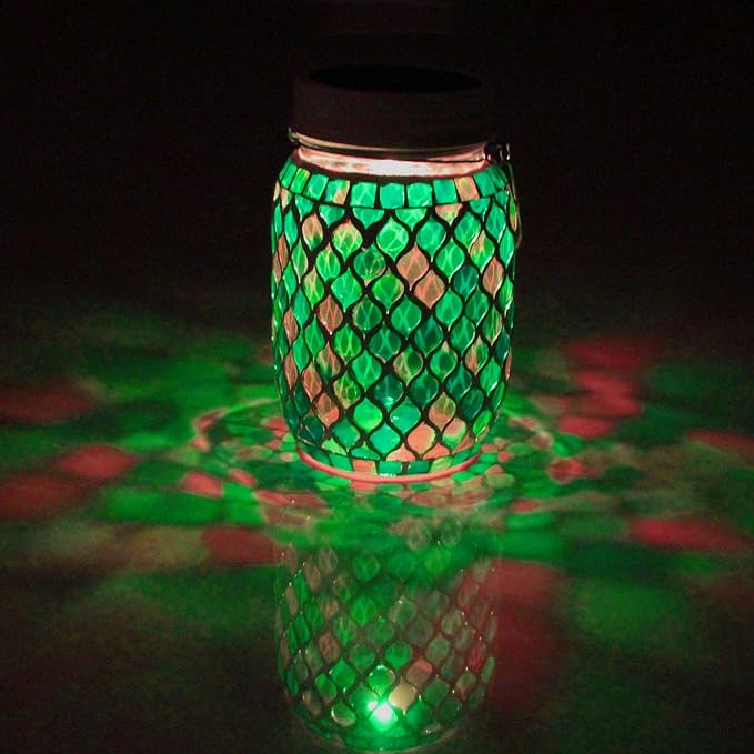 Solar Mosaic Lights - 12 Color Changing LED, 4 Lighting Modes with Remote Control, Handcrafted Glass Decor Lanterns, Hanging or Tabletop Decor for Garden (Bule)