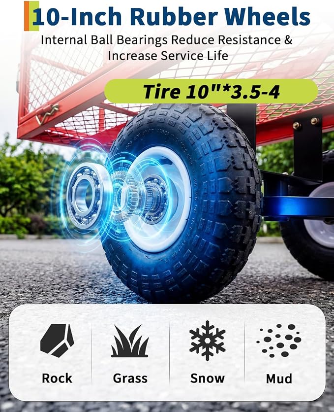 Garvee Versatile Outdoor Utility Cart-400LBS Heavy-Duty, 10" All-Terrain Pneumatic Tires, Easy Maneuverable Lawn Cart with Removable Mesh Panels for Gardening&Landscaping, Red, with Waterproof Liner