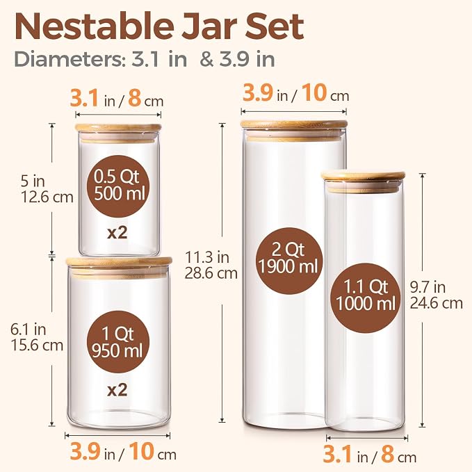 ComSaf Glass Storage Jars 6 Pack, Pasta Containers, Pantry Organization | Tall Glass Jar, Pasta Containers Storage Set of 6 (2Qt/1.1Qt/1Qt*2/0.5Qt*2), Glass Pantry Storage, Spaghetti Jar, BPA Free