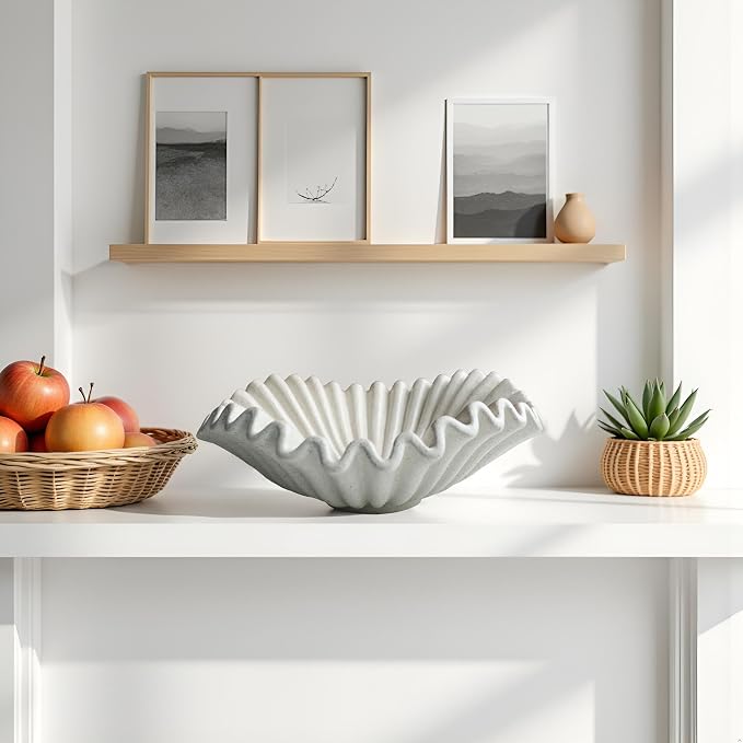 Large Decorative Handmade Bowl Decor, Modern Home Decoration, Fan Shaped Bowl, Ruffle Decor, Stylish Key Bowl for Entry Table, Decorative Fruit Bowl for Kitchen Counter, Light Gray
