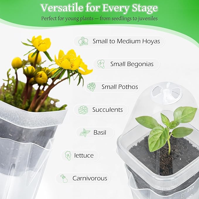 12 Pack 2.5" Self Watering Propagation Pots with Humidity Dome, Clear Plastic Seed Starter Cups, for Seedlings, Cuttings, Succulents, Herbs, Vegetables, with 12 Labels Included (Transparent 12 Pack)