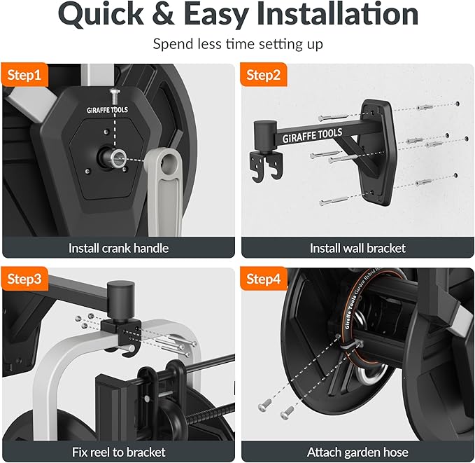 Giraffe Tools Garden Hose Reel Wall Mount, 125FT 5/8" Hose Capacity, Heavy Duty Water Hose Reel, Hose Guide Pre-Installed with Crank, 210° Swivel, for Yard Lawn Garage