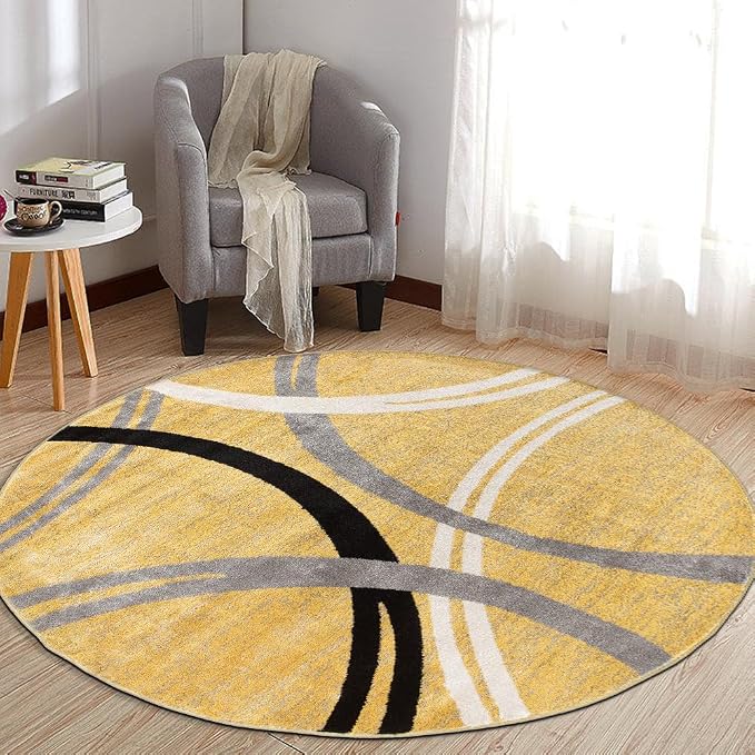 Rugshop Wavy Circles Fade-Resistant Living Room Round Rug Yellow 6'6" | Round, Bedroom, Dining Room, Home Office, Kitchen, Entryway, Hallway, Nursery, Kids Room, Guest Room, High Traffic Area
