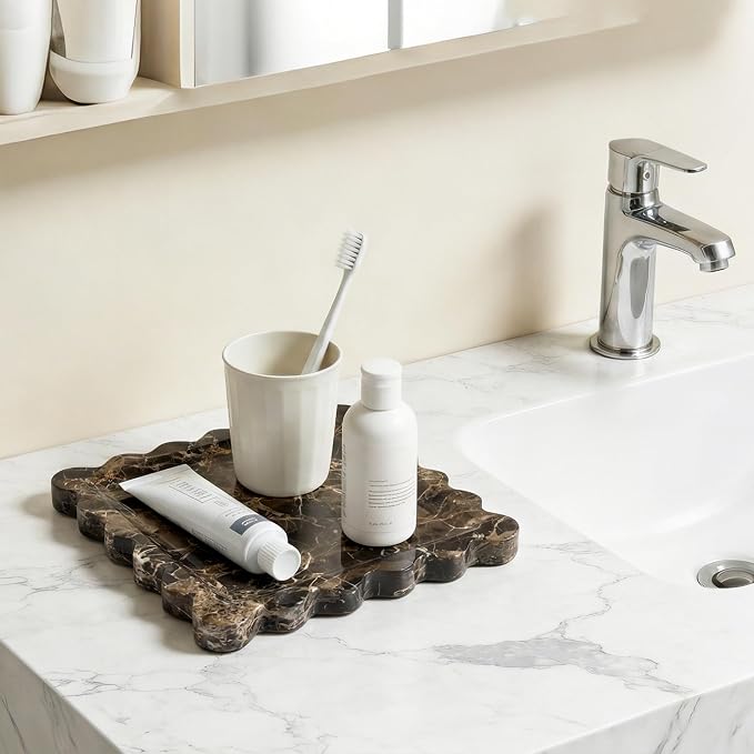 Scalloped Square Marble Decorative Tray, Natural Stone Vanity & Jewelry Tray, Trinket Organizer for Ring, Key, Dresser, Nightstand, Bathroom Counter & Kitchen Sink(Dark Brown Net)