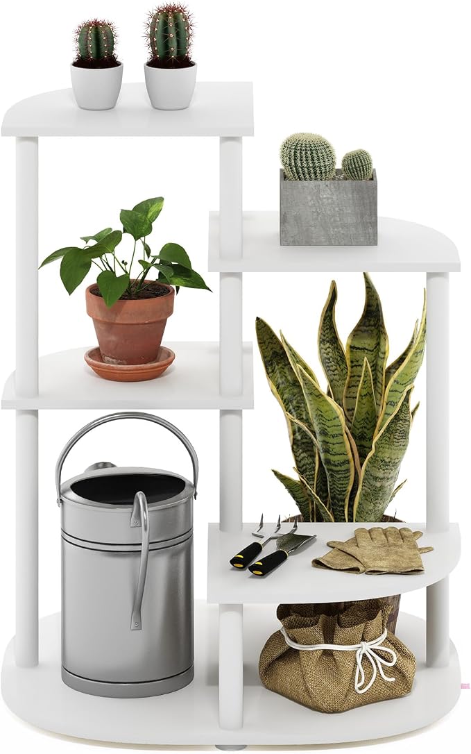 Furinno Celuka 4-Tier Indoor Outdoor Plant Stand Plant Shelf Corner Display Rack for Multiple Plants, White/Virgin White