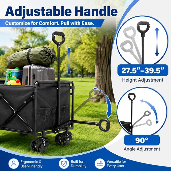 Wagons Carts Foldable, 500 lb 220L Collapsible Wagon with Brakes | Folding Wagon Cart with brakes, compact folding design and large storage for camping, groceries, sports and outdoor hauling