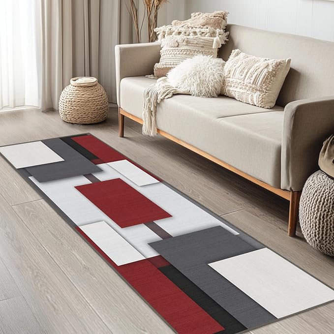 Red and Black Runner Rug 2x6 for Hallway Geometric Mid Century Rugs | Washable Modern Abstract Rug Low Pile Non-Slip Long Carpet for Kitchen Bedroom Doorway Bathroom Laundry