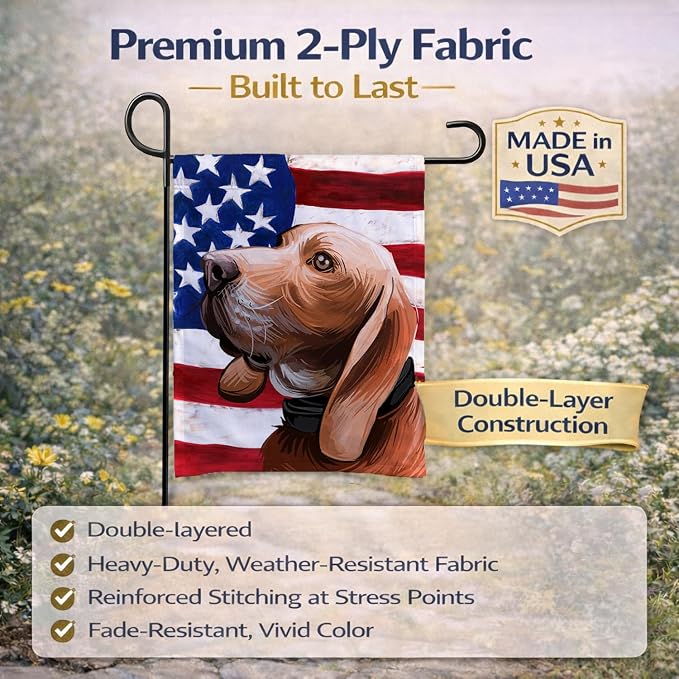 Caroline's Treasures CK6683GF Sabueso Espanol Dog American Flag Garden Flag Mailbox Flag Decorative Yard Flag Banner Outside Patio Artwork Yard Flower Beds, Garden Size, Multicolor