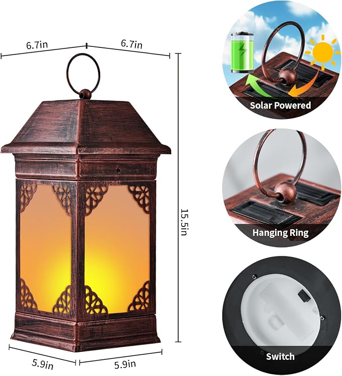 15.5" Solar Lanterns Outdoor Waterproof, Glass Flickering Flame Solar Lantern, Hanging Metal Lantern Decorative for Patio Front Porch Garden Backyard Tabletop Party Decoration