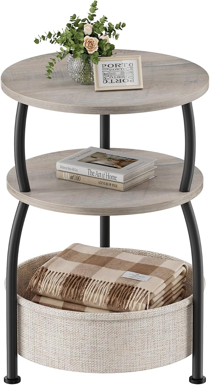 Round Side Table with Storage Basket, End Table Living Room, Greige | Round End Table, Small Bedside Table for Bedroom, 3 Tiers, Sofa Couch Side Table, Linen Storage, Greige 15.75in