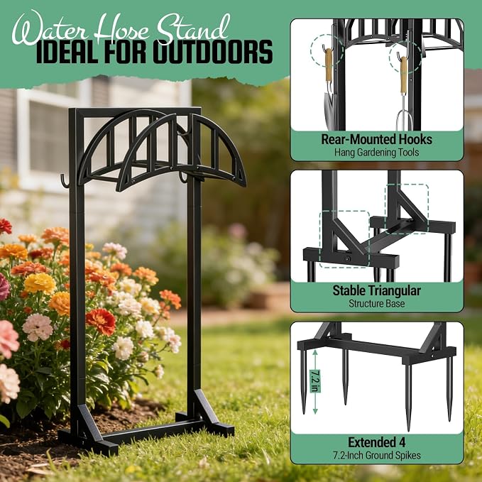 YQSLYSF Garden Hose Holder Stand, Water Hose Reel Storage Rack | Heavy-duty powder-coated metal, freestanding design with 2 hooks, stores up to 150 ft hose for outside