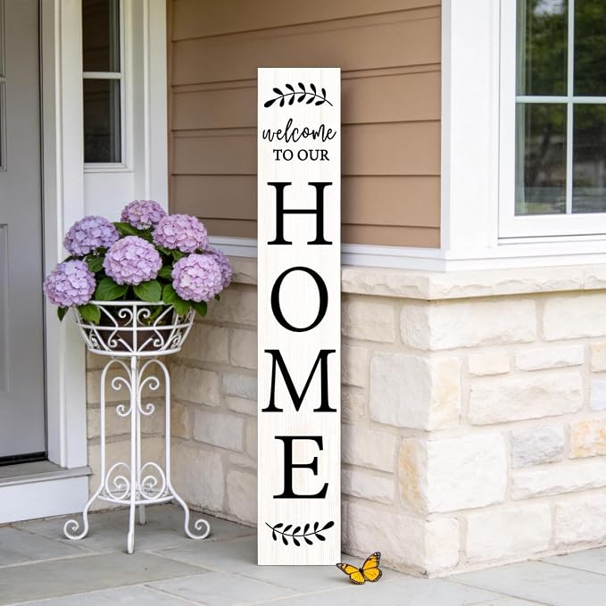 Welcome Sign for Front Porch, 47" Large Wooden Welcome to Our Home Sign Door Hanging Standing Plaque, Farmhouse Vertical Outdoor Porch Decorations for Yard Patio Entrance (White)