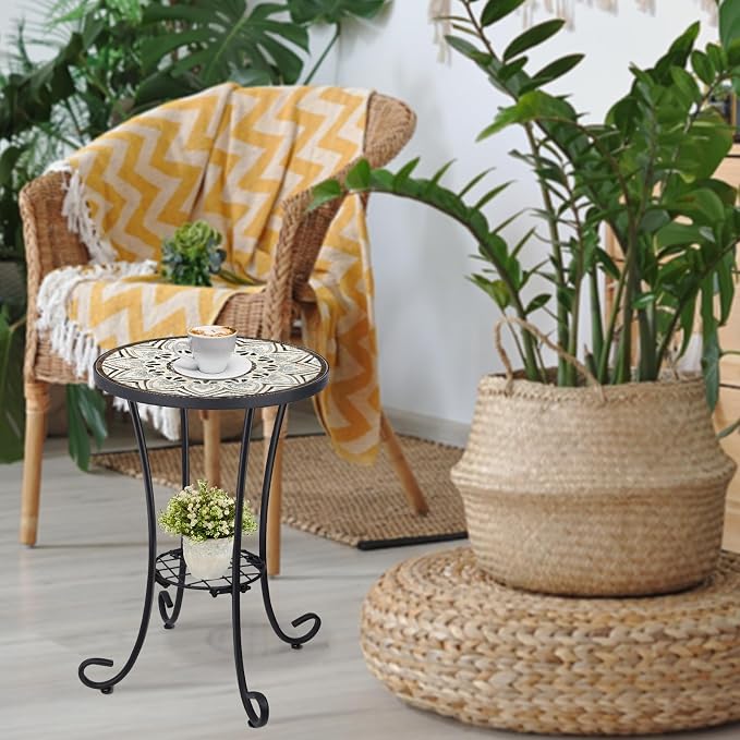 VCUTEKA Outdoor Side Table Mosaic Patio Table Accent Tables Mosaic Tile Top Metal Frame Small End Tables Porch Beach Patio Garden Balcony Brown 14''