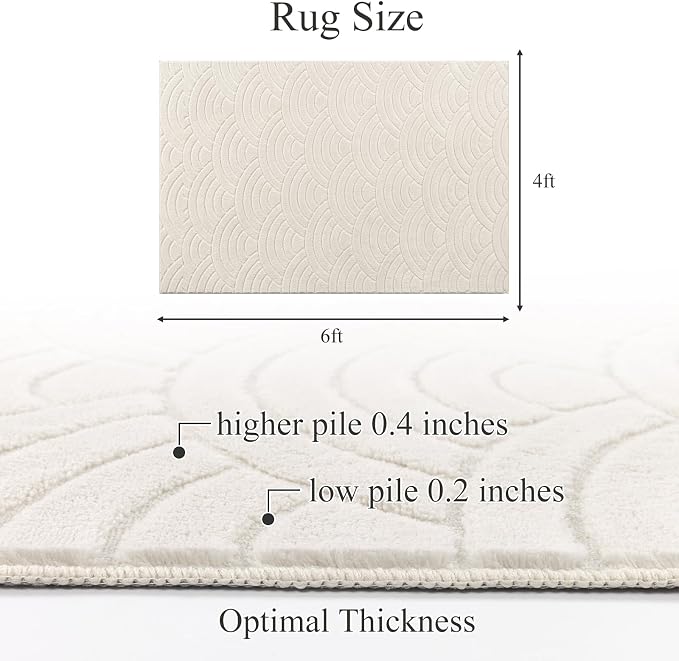 SHACOS Soft Cozy Fluffy Arch Waves Pattern High-Low Textured Area Rug 4'x6' | Non Slip Washable Minimalist Modern Graphic Rainbow Carpet for Living Room Bedroom Bathroom Dining Room, Cream