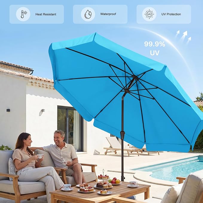 ABCCANOPY 9ft Scalloped Patio Umbrella, Outdoor Table Umbrella with Tilt and Crank, Fiberglass Ribs Deck Umbrella for Patio, Pool, Garden, Picnic (Lake)