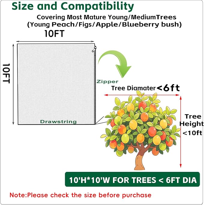 10ftx10ft Large Fruit Tree Netting Cover with Zipper & Drawstring, Garden Mesh Netting for Protecting Plants from Birds,Squirrels &Bug,Ultra Fine Weather Resistant Tree Netting