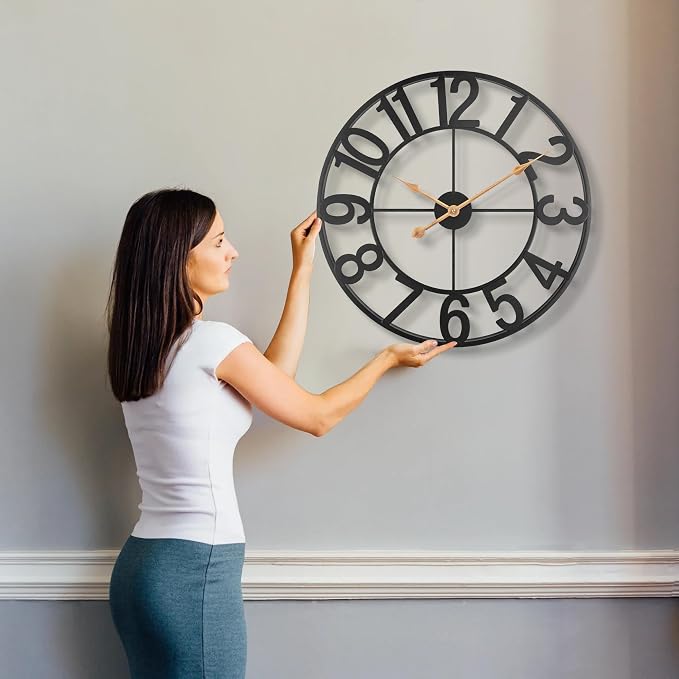 30 Inch Large Wall Clock, Silent Non Ticking Wall Clocks Battery Operated, Modern Farmhouse Decorative Round Metal Indoor Outdoor Analog Wall Clock for Living Room, Kitchen, Bedroom, Patio - Black