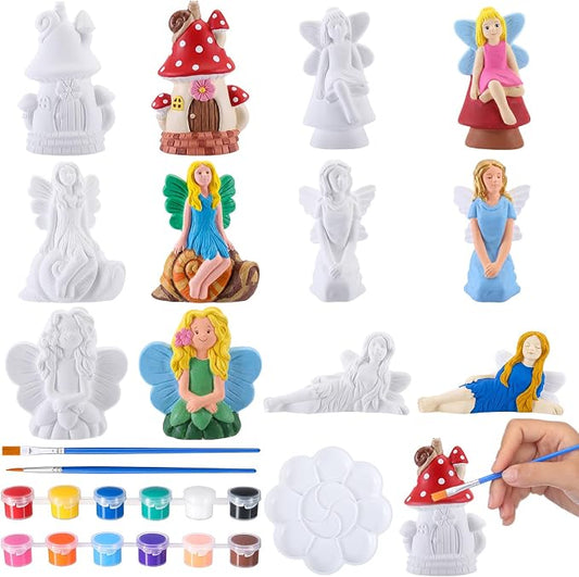Acellegic 6 Pcs Ceramics Fairy to Paint Ready to Paint Your Own Fairy Garden Mushroom Statue DIY White Ceramic Mushroom Houses for Yard Decor Summer Spring Painting Art